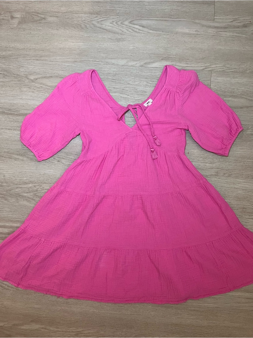 aerie Hot Pink Tie-Neck Tiered Summer Dress with Tassels XS